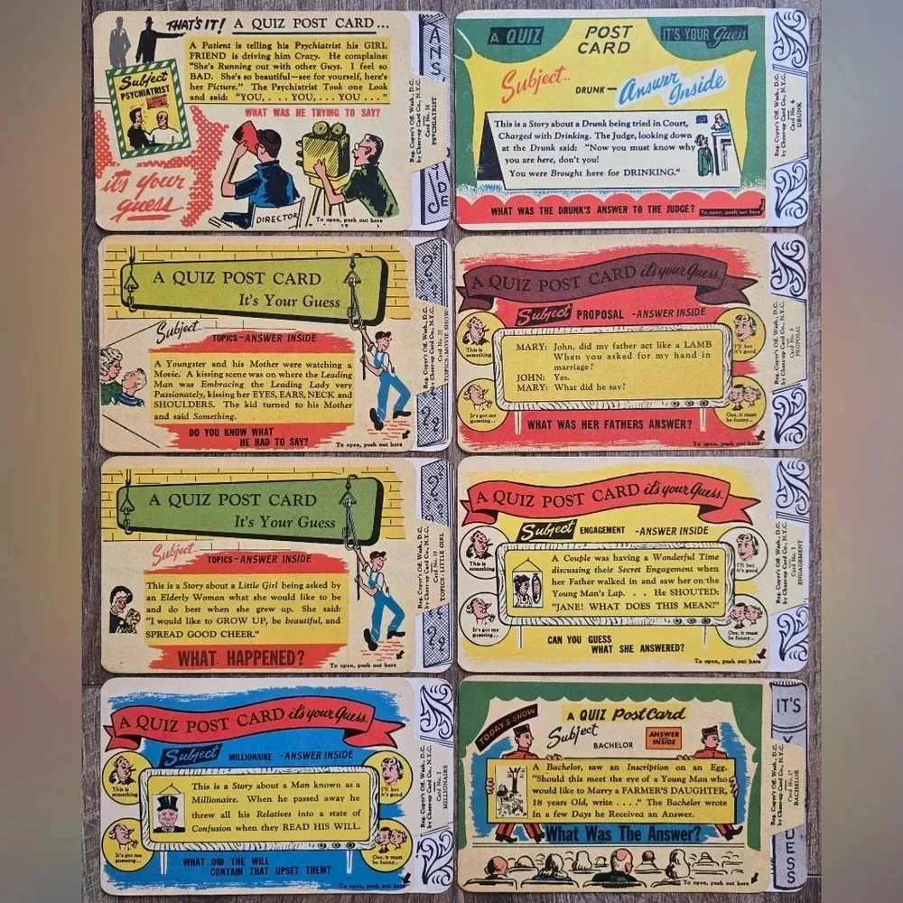 Lot of 8 RARE 1959 Humorous Comic Quiz Postcards • Cheer-Up Card Company